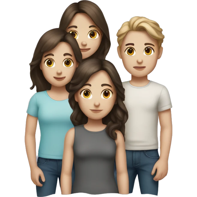 2 brunette twin sisters and a brunette little brother, white skin tone emoji