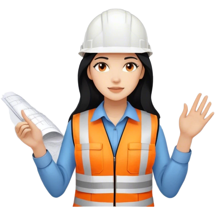 Female civil engineer with long black hair wearing white helmet and an orange safety vest looking at big drawing plan on her hand  emoji