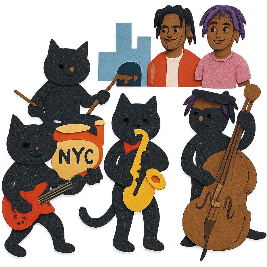 gang of black cats playing music in New York with Playboi Carti and Lil Uzi Vert in the background emoji