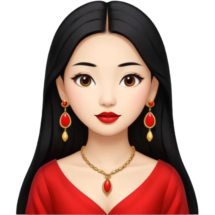 30 yr old asian woman, middle parted straight long black hair, very pretty, fancy dress, earings, red lipstick emoji