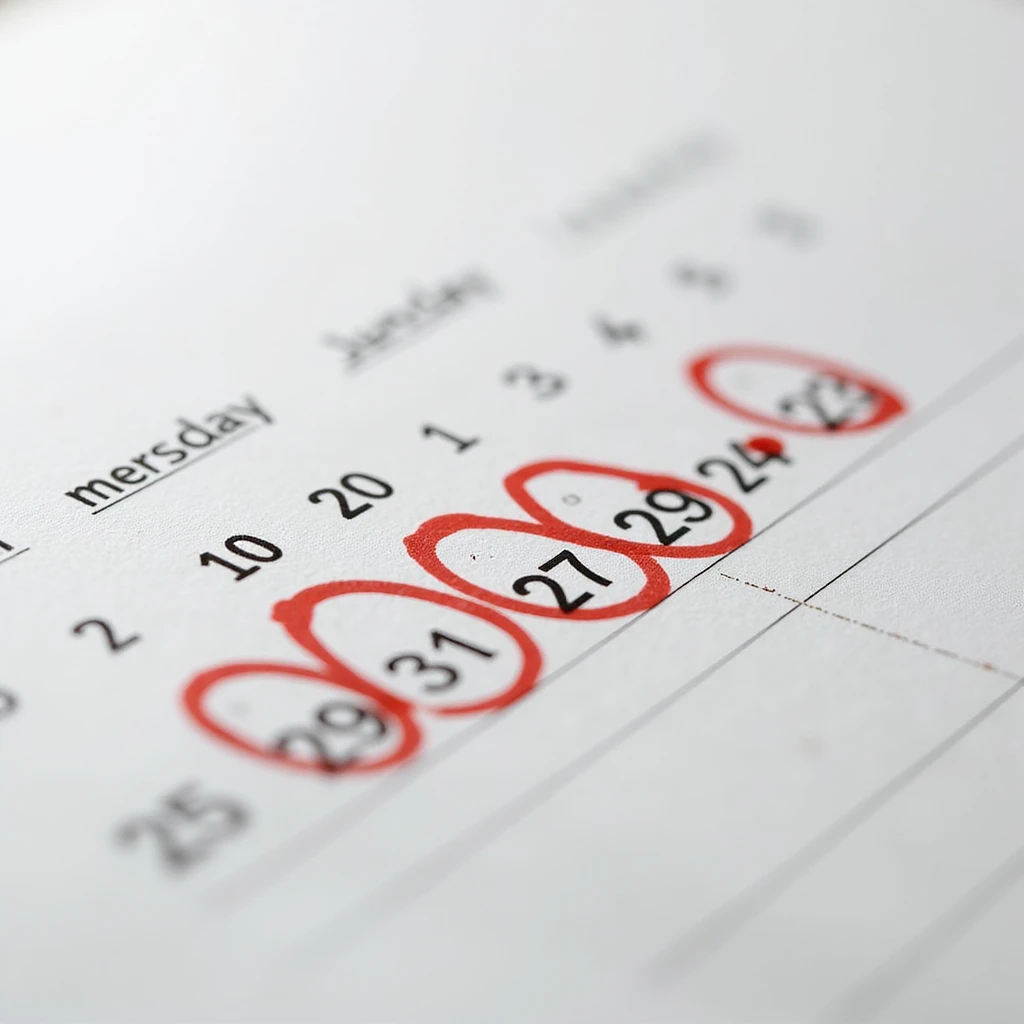 hyperrealistic calendar page in 4K with seven consecutive days circled in red, no background, photorealistic style, sharp details emoji