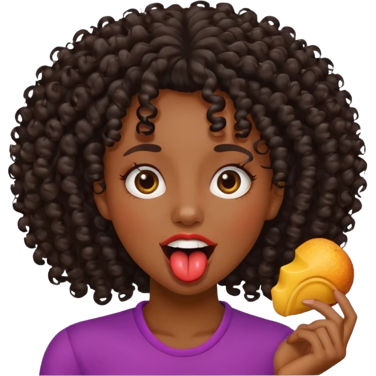 uma mulher negra com cachos com cara de safada mordendo a língua  emoji