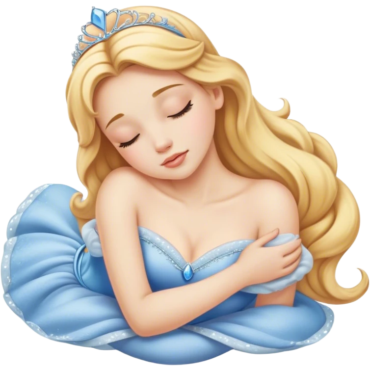 Cinematic Realistic Sleeping Cinderella Portrait, portrayed with exceptional realism: her luminous porcelain skin and exquisitely detailed golden-blonde hair lie softly under the gentle caress of natural light. Her eyes are peacefully closed in a serene, dreamlike slumber, and every fold and shimmer of her iconic ball gown is rendered with painstaking detail. The overall composition radiates a quiet, enchanting glow that encapsulates the timeless, restful beauty of a princess lost in a gentle, magical dream. emoji