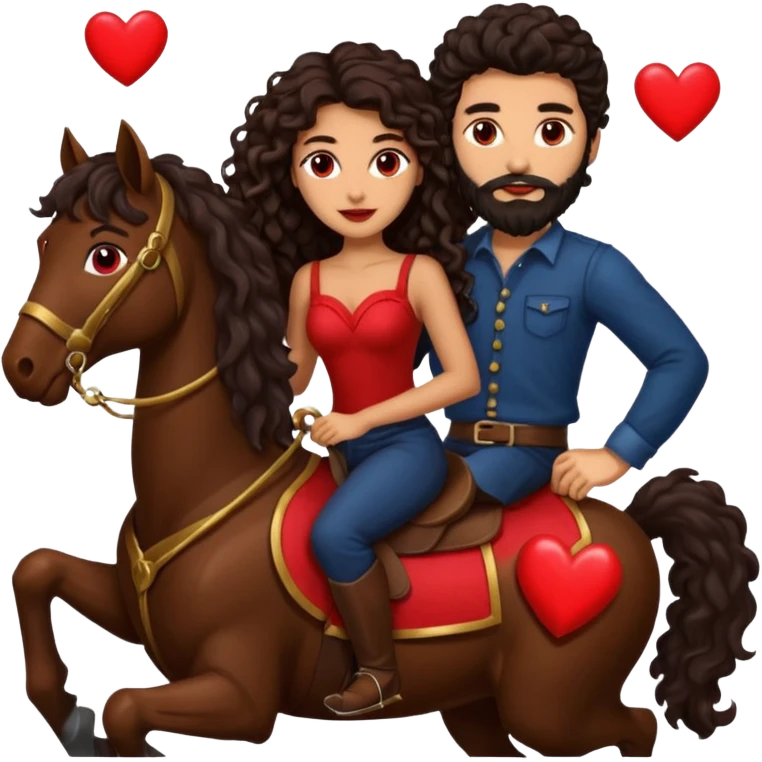 pareja de Mujer morena rizada cabello largo castaño ojos oscuros y hombre piel blanca con caballo oscuro con barba y ojos marron alrededor de la pareja corazones emoji