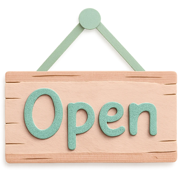 pastel wood signboard with 'Open' text, hand-drawn style emoji