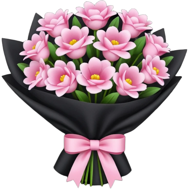 Create a baby pink and dark pink flowers bouquet with black wrap paper and with white bow emoji