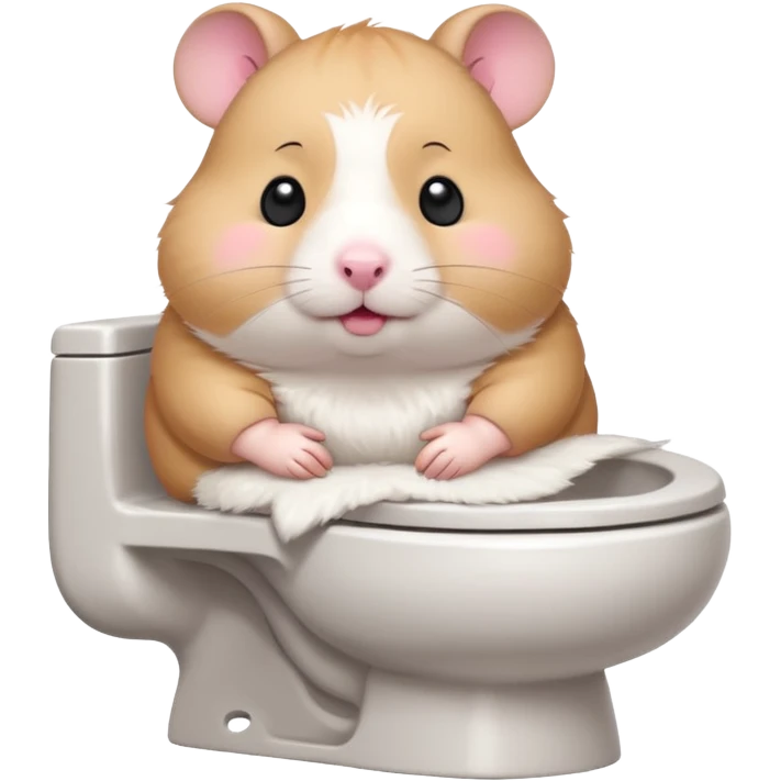 Cute chubby cartoon-style hamster sitting on toilet, sticker-style illustration emoji