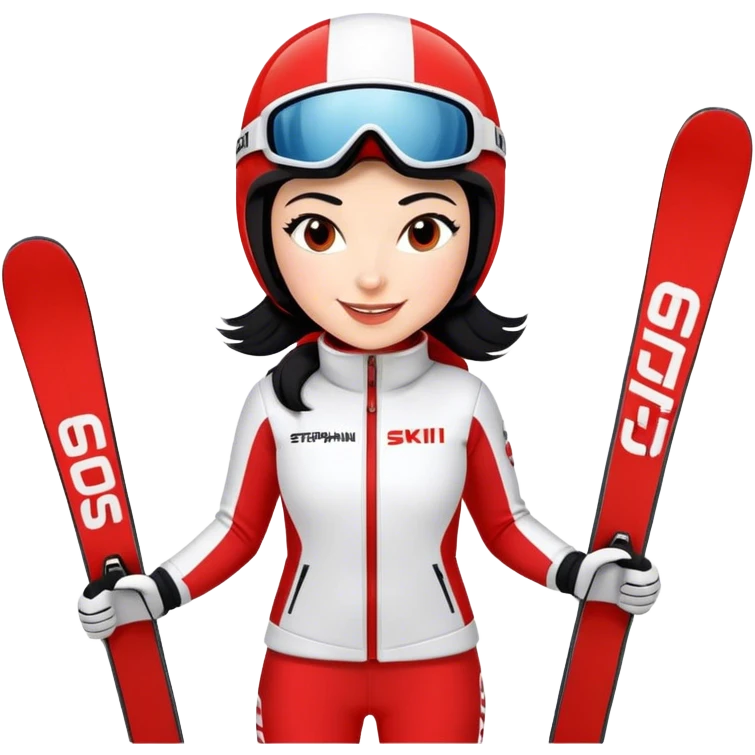Ski racer woman, red white dress, with the name Stephanie on the dress, Ski with the name Head, black hair, smile emoji