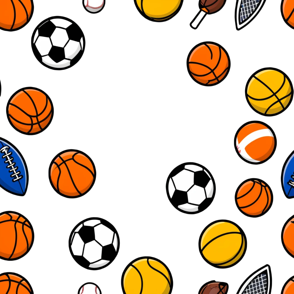 Multiple sports balls and equipment exploding outward in a boom emoji