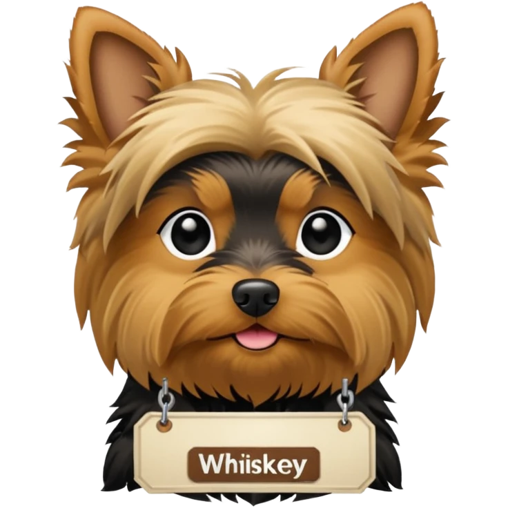 A Yorkie dog with a name tag that says "whiskey" emoji