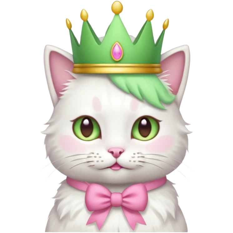 white cat with pink bow and light green crown, emoji style emoji