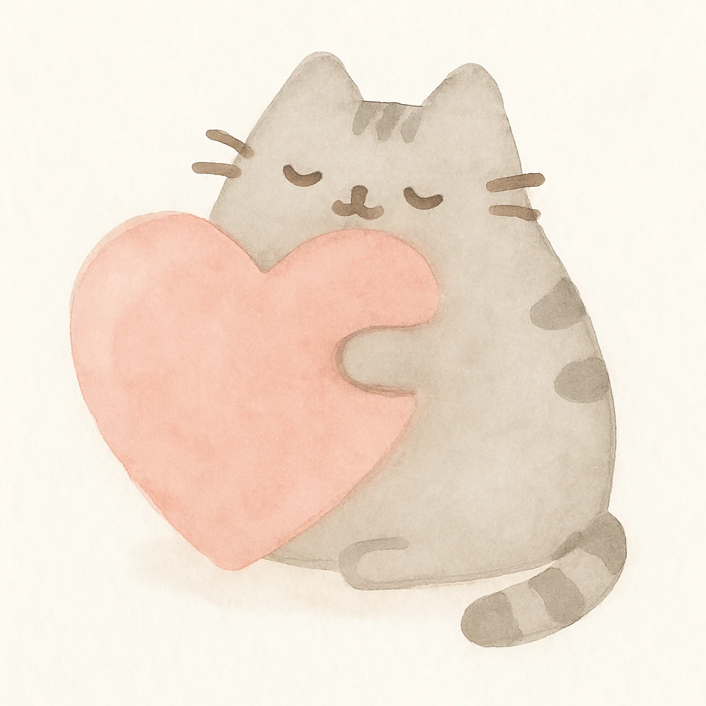 Pusheen hugging a big heart, pastel colors, adorable, watercolor art style emoji