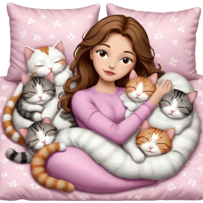 girl with long wavy brown hair, brown eyes, long lashes makeup, sexy pink lips, light to medium complexion,  sleeping on a cozy pillow, with 6 cats: 1 brown and white tabby cat, 1 ginger and white, 2 grey and white, 1 grey with white mittens and small white patch on chest and 1 calico, sleeping emoji