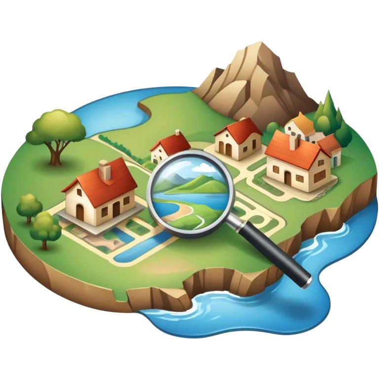 An icon featuring a magnifying glass over a local map, with a small village, traditional house, and natural landmarks like a river and hill, symbolizing local history and geography. Transparent background highlights the study of native land, culture, and heritage. emoji
