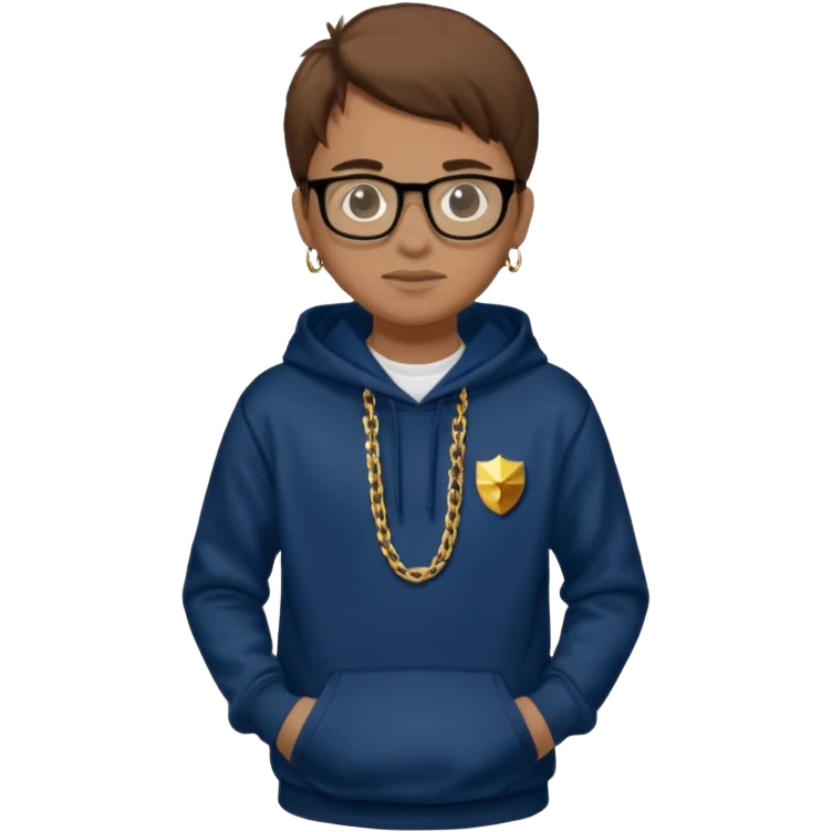 Brown hair with black glasses and a dark blue hoodie that says caylus kingdom with black pants and a gold chain emoji