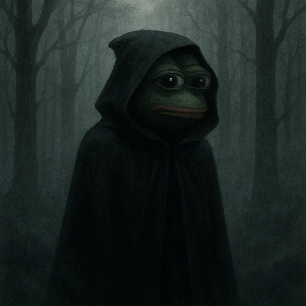 Пэпэ with a dark cloak and a mysterious aura, standing in a foggy forest emoji
