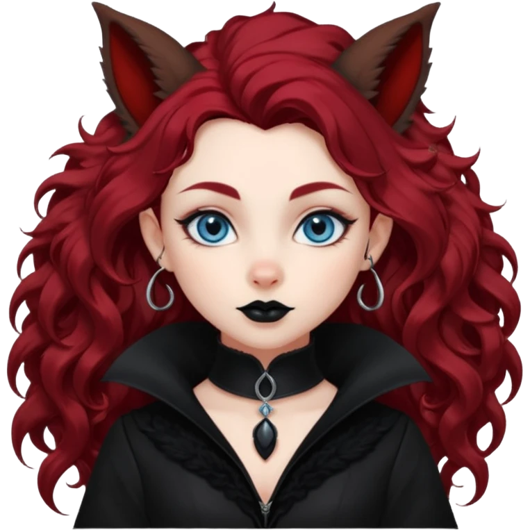  long curly red hair (darker), red pointed ears with black trim, black goth outfits, body and face human, blue eyes, more pointy chin, black lipstick, big fluffy red squirrel tail with black tips, like the attached photo with more outfits and poses,  emoji