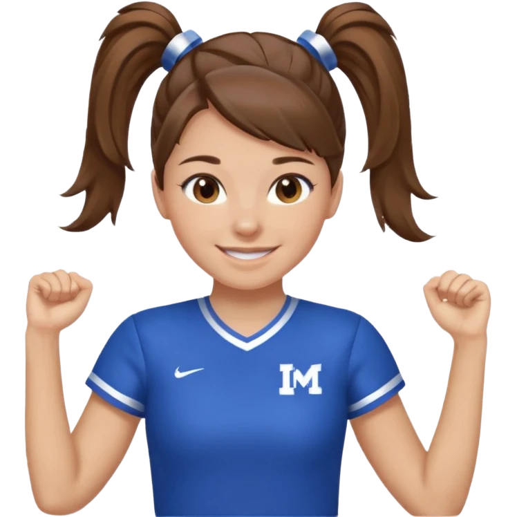 brown hair blue cheerleading shirt no bangs with a high pony tail smiling emoji