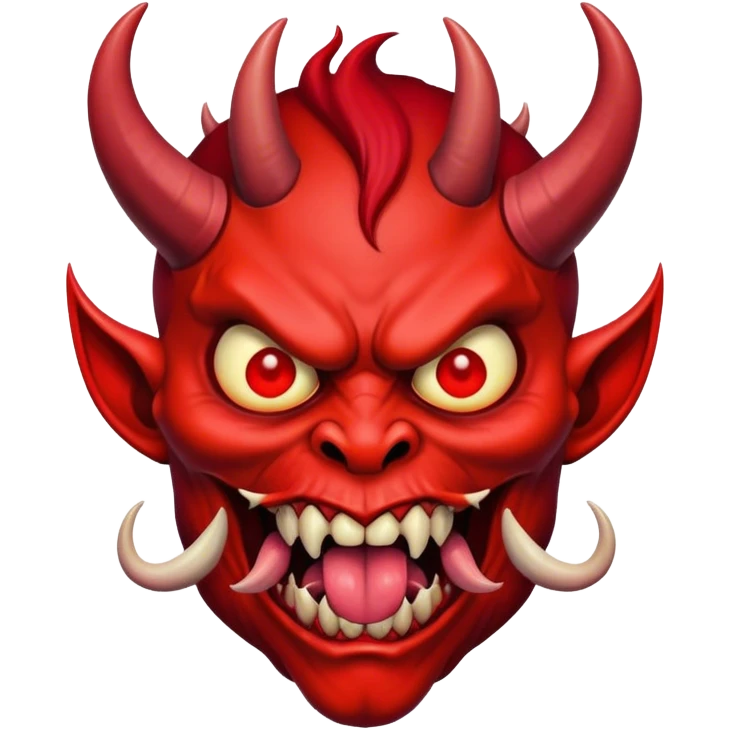 the scary demon with the devil's horns shows his grin by sticking out his tongue emoji