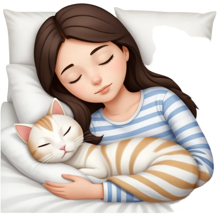 side view Brunette teenage girl sleeping with white cat that has beige stripes on a white pillow with white sheets emoji