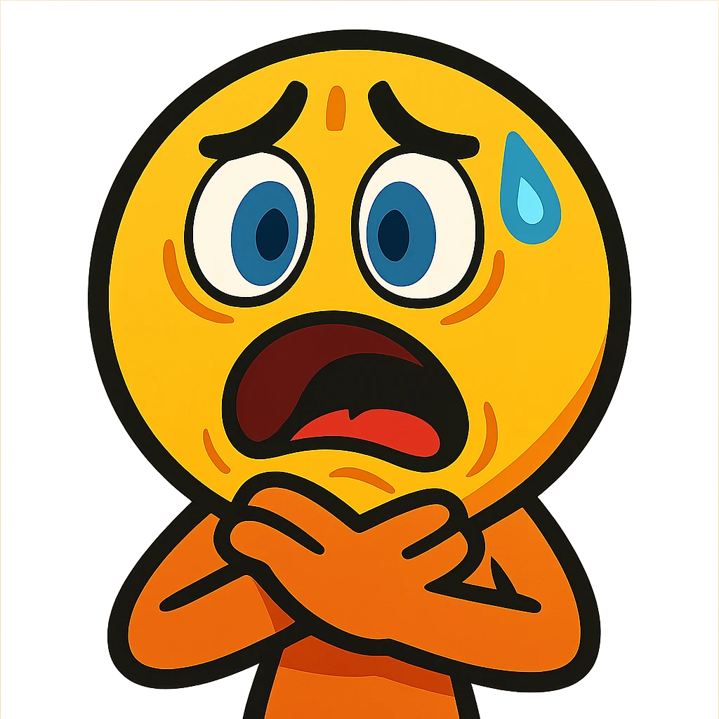 emoji with both hands on its throat, distressed expression, exaggerated, vibrant toon style emoji