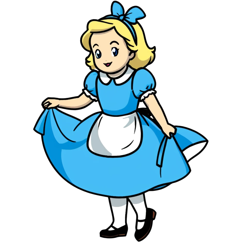 Disney's animated Alice in Wonderland performing a curtsey in her blue dress with white apron emoji