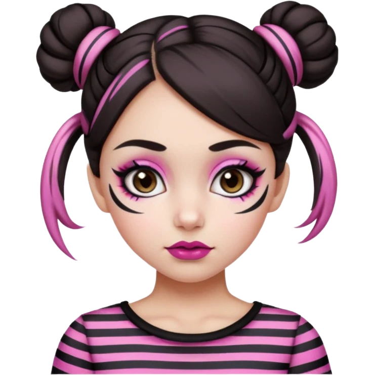 generate a pretty fair bratz girl with dark brown eyes. Dark brown hair straight hair with pink highlights tied into buns. Big eyeliner. black lipstick. Black and white striped top.  emoji