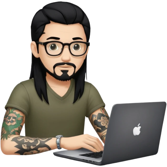 a young man with long black hair, with goatee, wearing glasses sitting with a laptop, tattoo inyout arms emoji