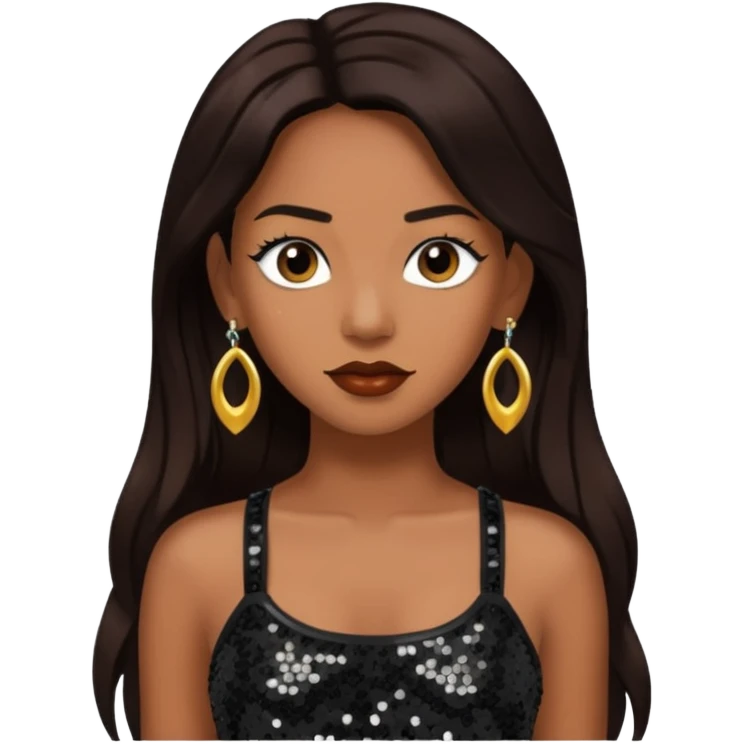Chilli from TLC with long dark brown hair, black sequin crop top, black earring emoji
