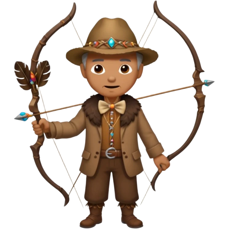 The classic image of a middle-aged uncle hunter carrying a bow, dressed in brown clothes, with some ornaments made of feathers, bones or teeth on his body. emoji