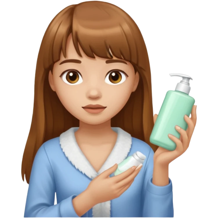 a girl with light skin and medium brown long hair with bangs who is applying lotion to her body emoji