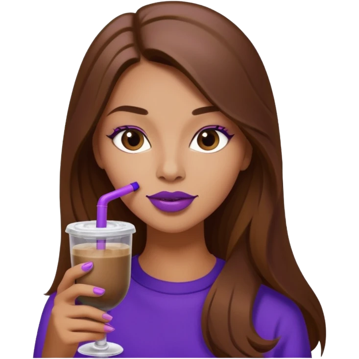 girl with long brown hair and wine lipstick drinking a blueberry butter pecan iced coffee with a purple straw  emoji