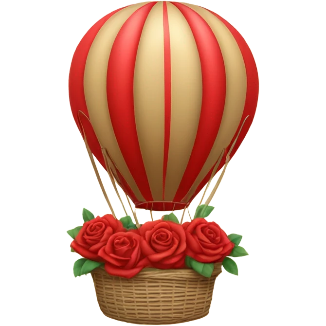red hot air balloon and beige basket with roses emoji