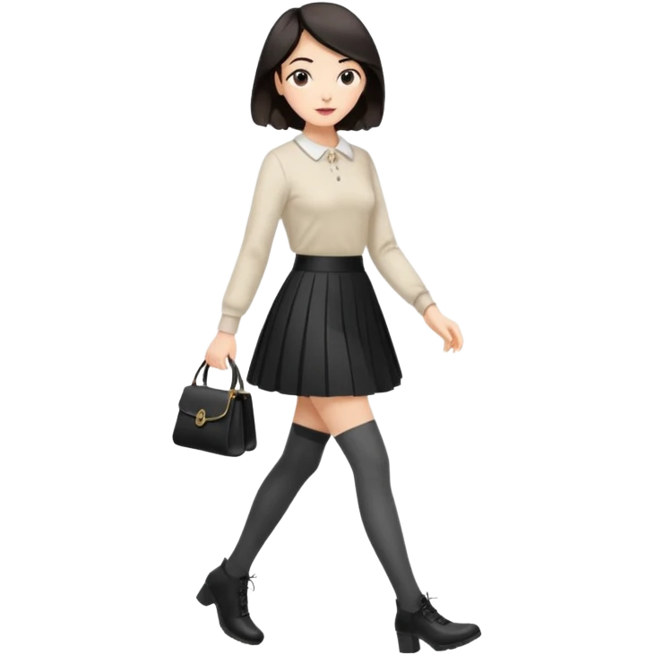 a fashionable gen Z woman, walking confidently with a skirt and stylish tights emoji