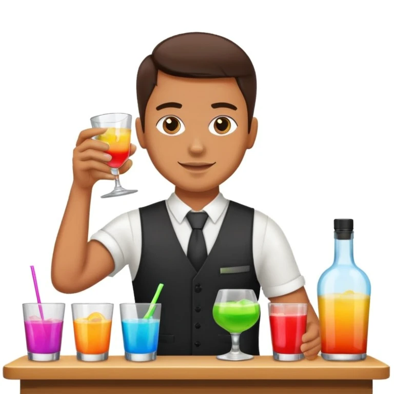 bartender mixing drinks, club backgroudn with bottles emoji