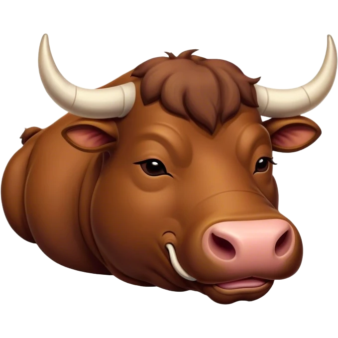 Meme-Worthy Cute Sleeping Brown Bull Portrait Emoji, Head resting peacefully with a contented smile, showcasing a robust, massive build and a luxuriously soft rich brown hide, eyes shut in a serene, restful nap, Simplified yet hilariously adorable features, highly detailed, glowing with a soft, drowsy light, high shine, relaxed and utterly lovable, stylized with an air of playful laziness, bright and heartwarming, soft glowing outline, capturing the essence of a comically sleepy guardian, so meme-worthy it feels like it could instantly become the next viral sensation of adorable slumber! emoji