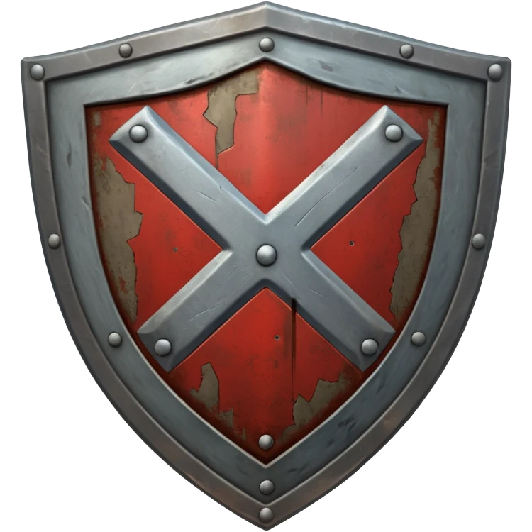 a battle worn steel shield with engraved text "XXX", the text should be prominent and in the center of the shield emoji
