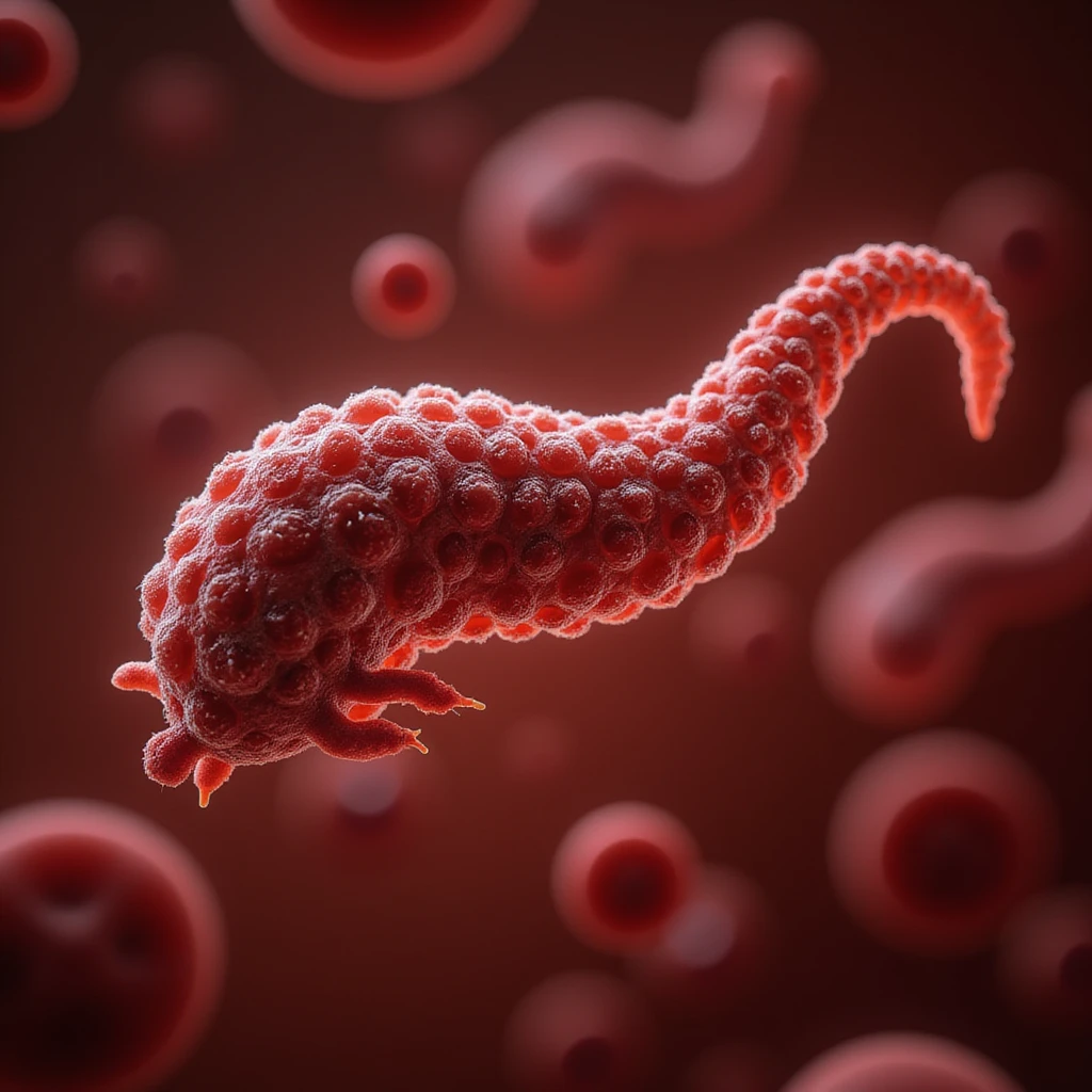 hyperrealistic 4K clinical illustration of Trypanosoma among red blood cells in human blood, extremely realistic microscopic details, medical atmosphere emoji