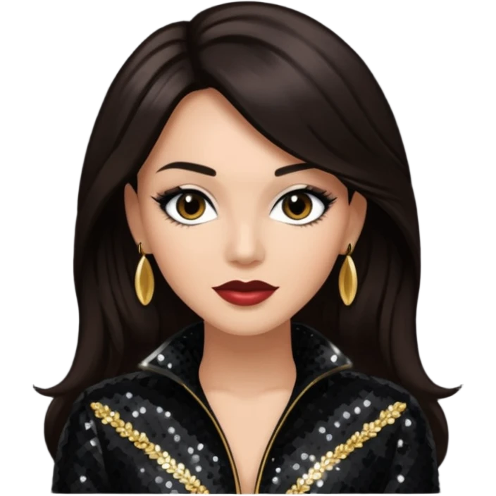 Monica Arnold, R&B Singer with long dark brown hair, black sequin outfit emoji