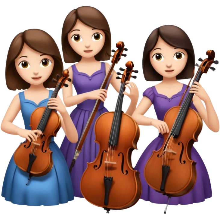 Create an imagine of three brunette women playing string instruments, the first is playing a cello, the second is playing a viola and the third is playing the violin emoji