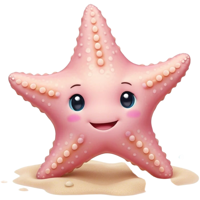 Cinematic cute round starfish, pastel pink, soft bumpy texture, tiny happy face, slightly tilted, glowing warmly, sparkling with gentle ocean magic. emoji