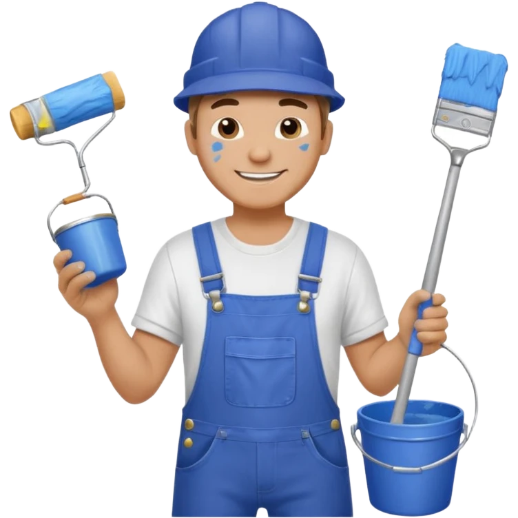 smiling man house painter wearing overalls and cap holding a paint roller and paint bucket emoji