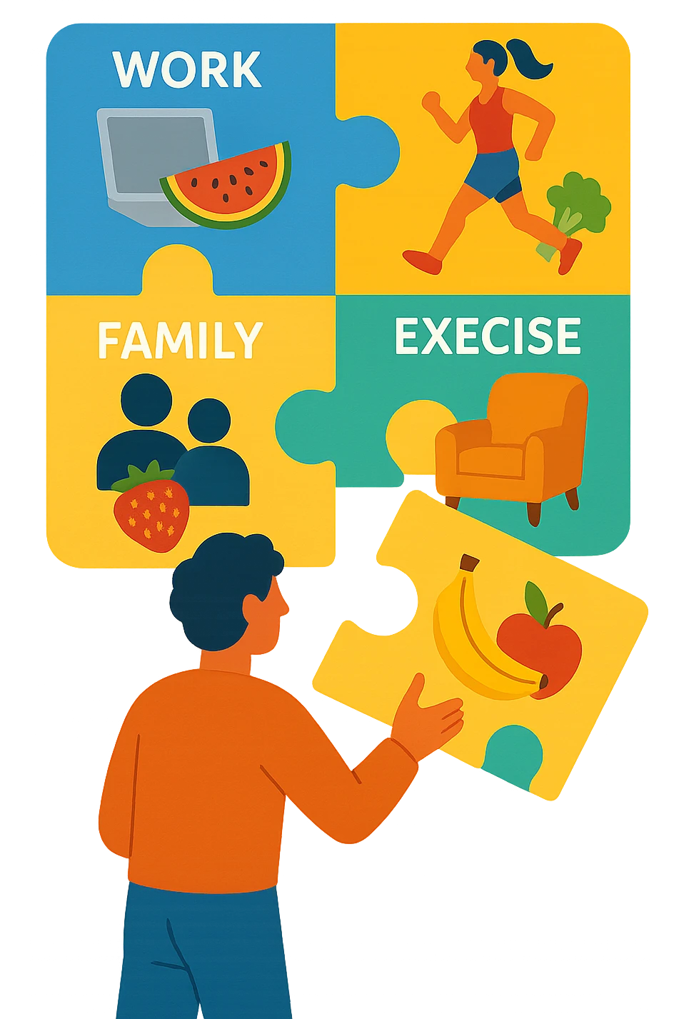 a person is surrounded by puzzle pieces, each representing a different aspect of their life (work, exercise, family, leisure), and healthy foods are integrated into each piece. The person assembles the puzzle, creating a complete, personalized nutrition plan. The mood is uplifting and creative. emoji