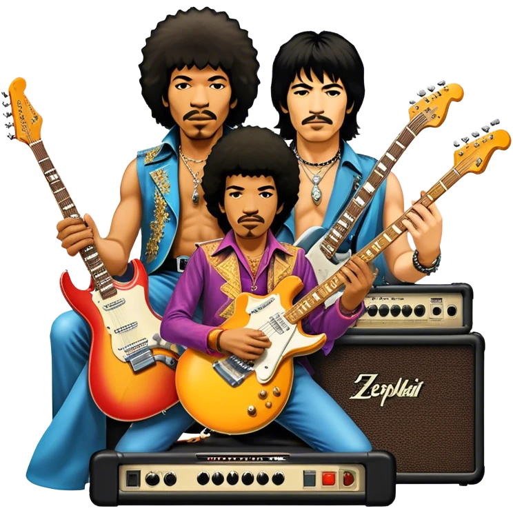 Rock music icon: powerful stage with electric guitars, drums, and amplifiers. Collage of rock icons—Jimi Hendrix, Led Zeppelin, Nirvana, and The Rolling Stones—symbolizing the energy and rebellion of rock. Transparent background. emoji