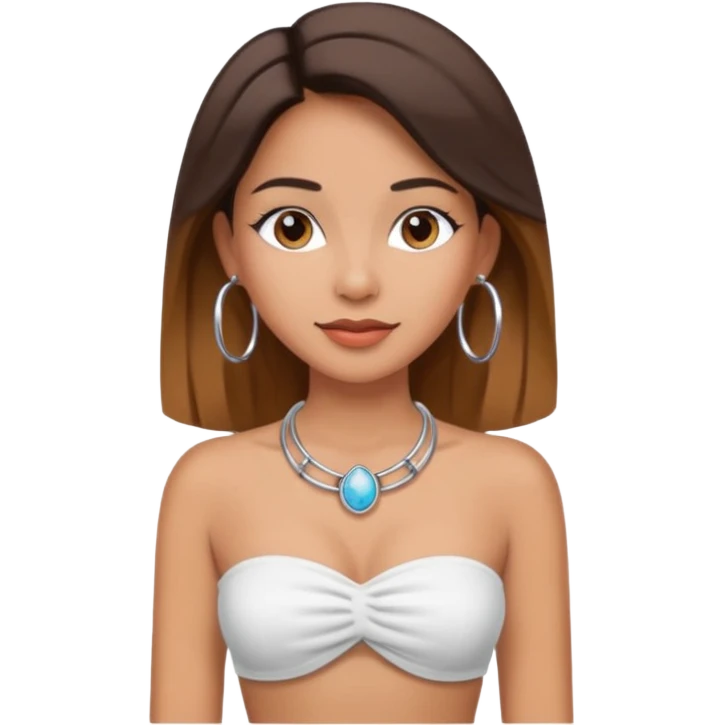 latina makeup olsun, saçları düz, halka küpeler büyük gümüş renginde olsun, kolye taksın ve beyaz bir Bandeau top kıyafet giyisin emoji