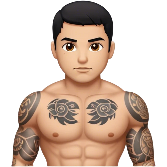 Tattooed, Hispanic man, with black hair and brown eyes, small waist and large chest and shoulders emoji