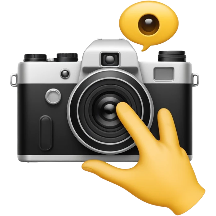 Minimalist emoji-style sticker of a photo camera ejecting a photo, but a hand comes out instead. Black and white, surreal icon. emoji