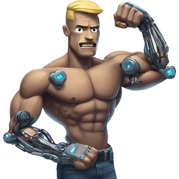 Flexing cyborg bicep and forearm with circuits and shocks emoji