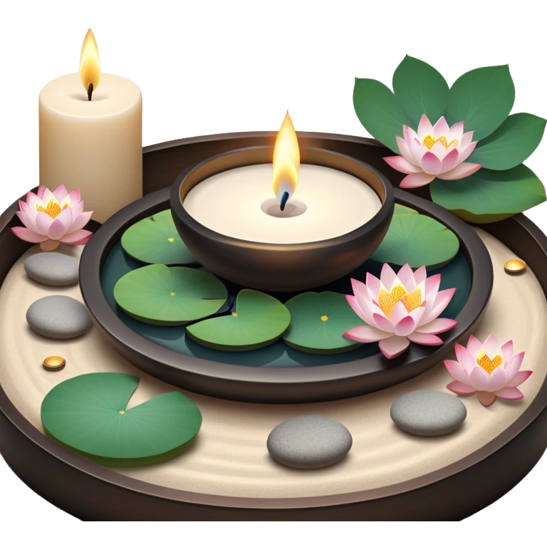 A photorealistic icon featuring lotus flowers, burning candles, incense sticks, smooth meditation stones, and a tranquil setting with soft, calming natural elements. Subtle, peaceful colors and detailed textures that evoke a sense of mindfulness and inner peace. Transparent background emoji