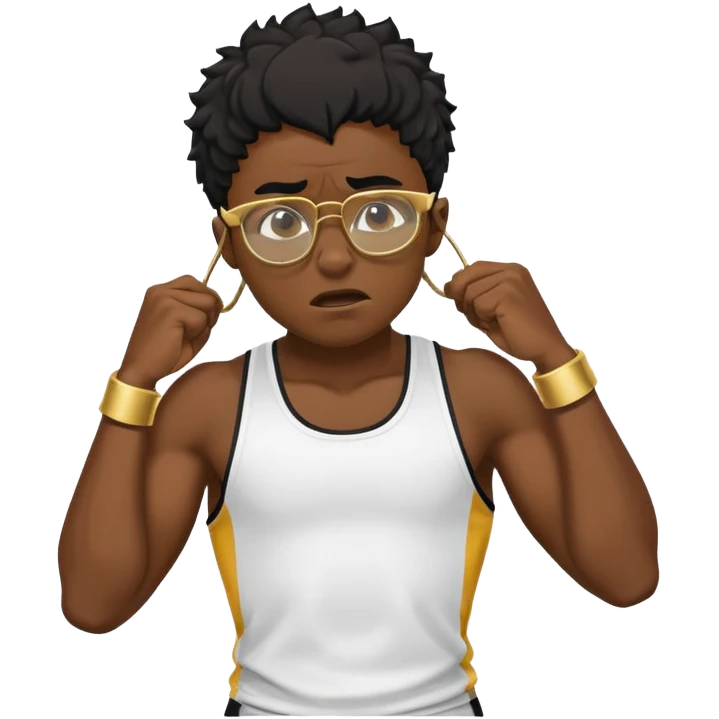 black boy athlete in stringer with gold glasses frustrated pulling hair emoji